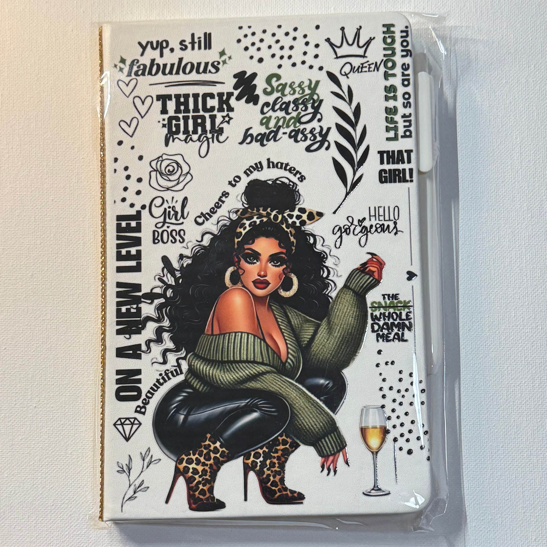 Packaged product with a graphic design of a woman and text on a beige background