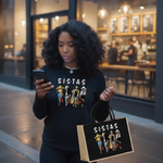Woman wearing a black sweatshirt and holding a bag with 'SISTAS' design, standing in front of a store.