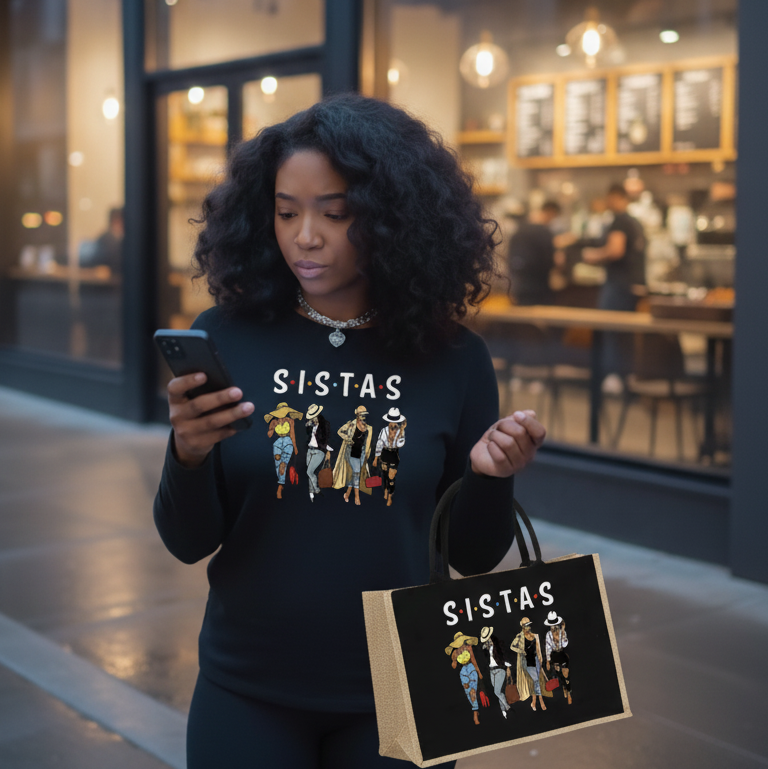 Woman wearing a black sweatshirt and holding a bag with 'SISTAS' design, standing in front of a store.