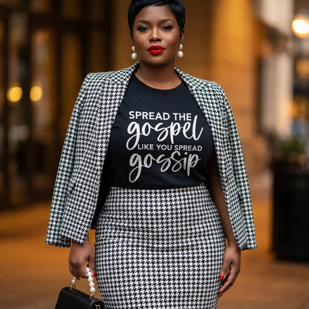 Woman wearing a black and white houndstooth patterned outfit with a graphic t-shirt.