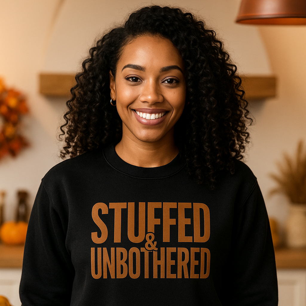 Woman wearing a black sweatshirt with 'STUFFED & UNBOtherED' text in a warm-toned kitchen.