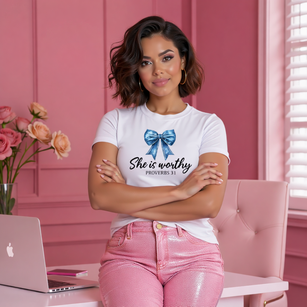 Woman wearing a white t-shirt with a blue bow and text, sitting at a desk with a laptop in a pink room.