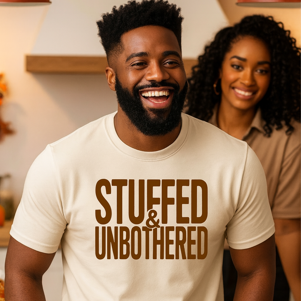 Man wearing a 'Stuffed & Unbothered' t-shirt in a kitchen setting with a woman behind him.