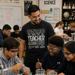A smiling male teacher in a black graphic t-shirt stands next to a group of high school students working at a chemistry lab table with beakers, test tubes, and safety goggles.