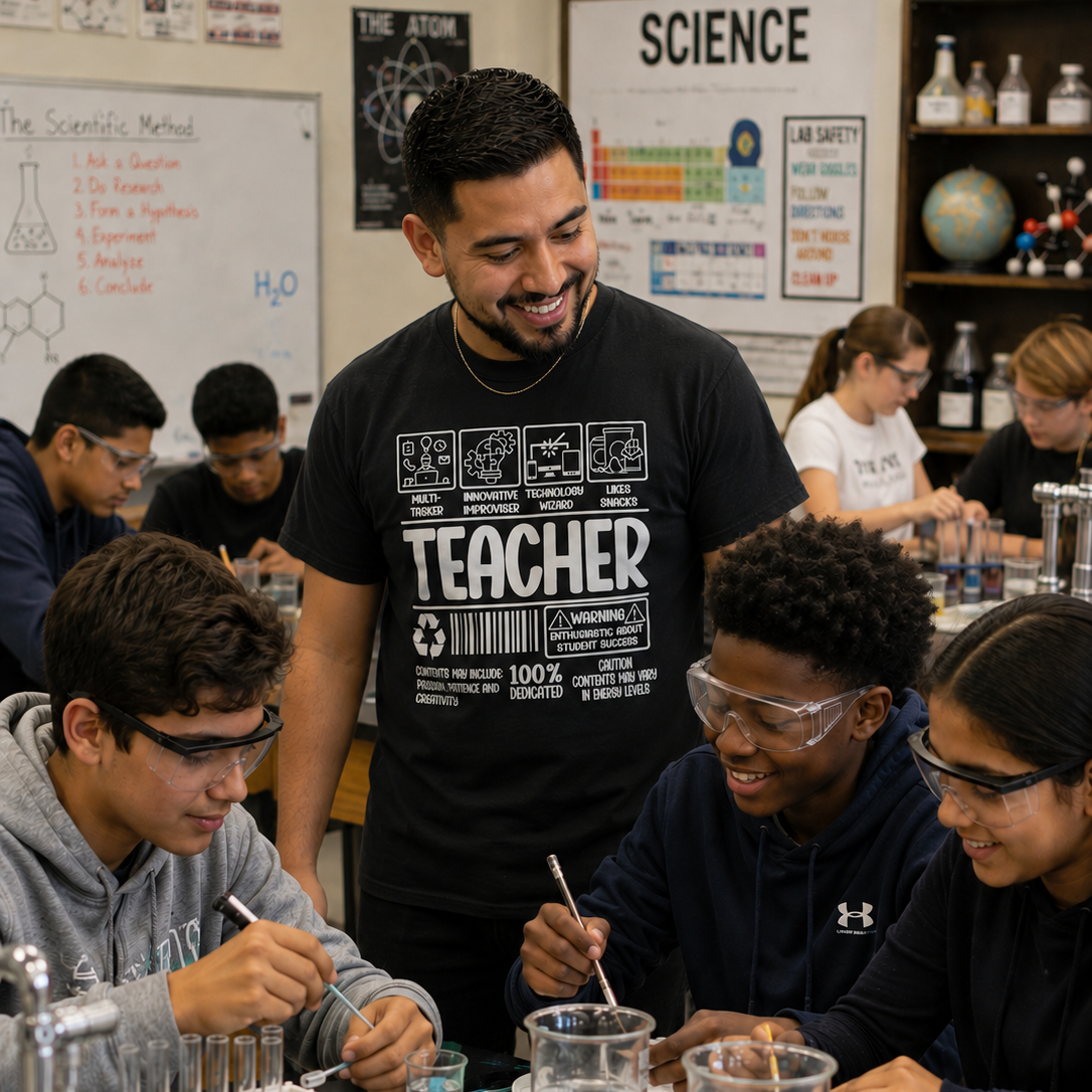 A smiling male teacher in a black graphic t-shirt stands next to a group of high school students working at a chemistry lab table with beakers, test tubes, and safety goggles.