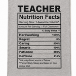 A light gray fabric tea towel or kitchen towel featuring a black printed graphic styled like a nutrition facts label with the word 'TEACHER' at the top and humorous daily value assignments.