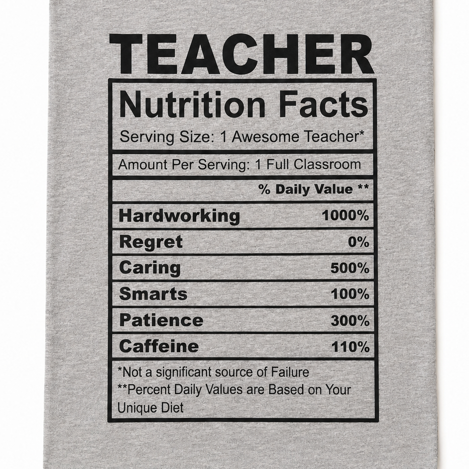A light gray fabric tea towel or kitchen towel featuring a black printed graphic styled like a nutrition facts label with the word 'TEACHER' at the top and humorous daily value assignments.