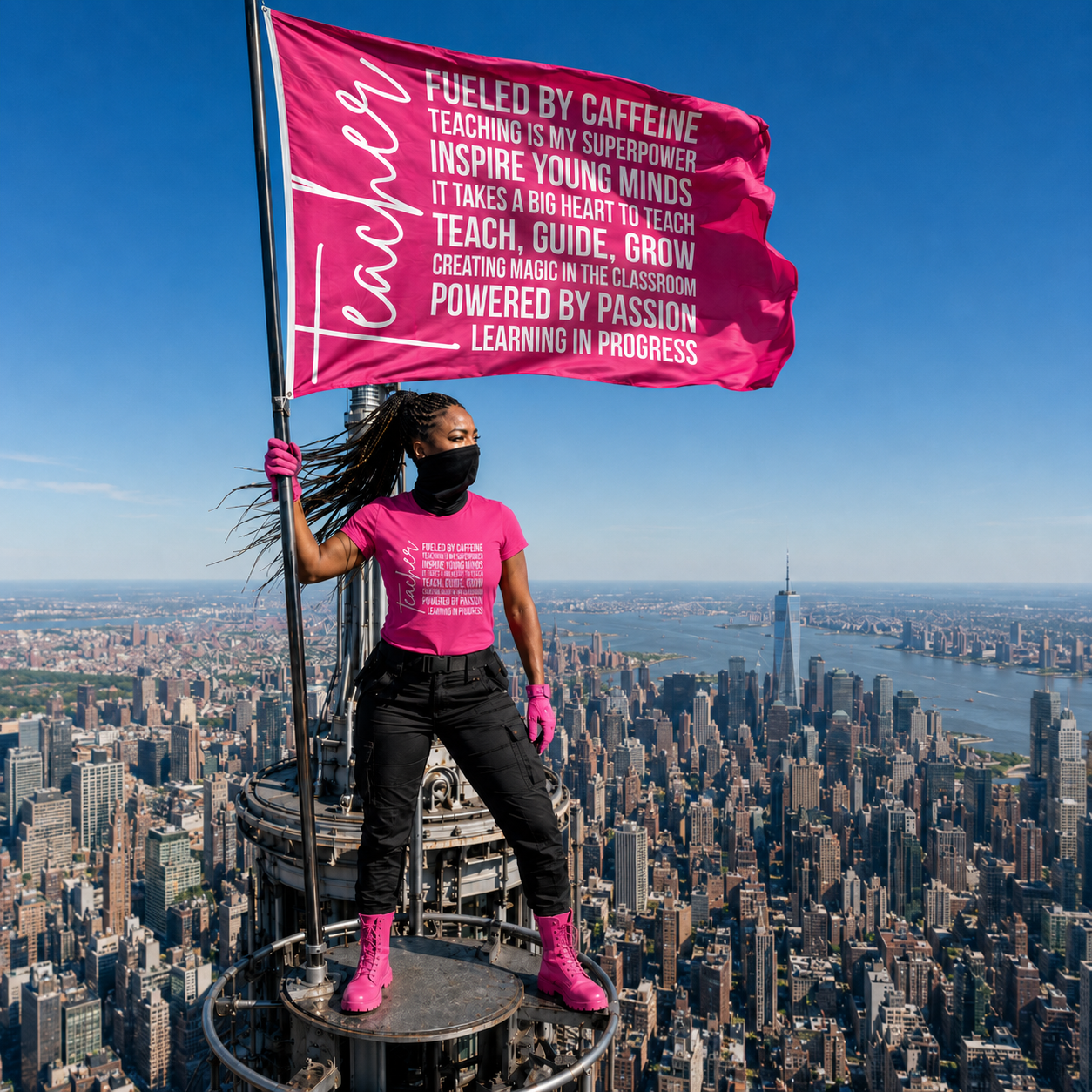 A woman stands on a high-rise balcony overlooking a city skyline, holding a bright pink flag with white text. She is wearing a matching bright pink T-shirt, black pants, and pink boots, with a black face mask.