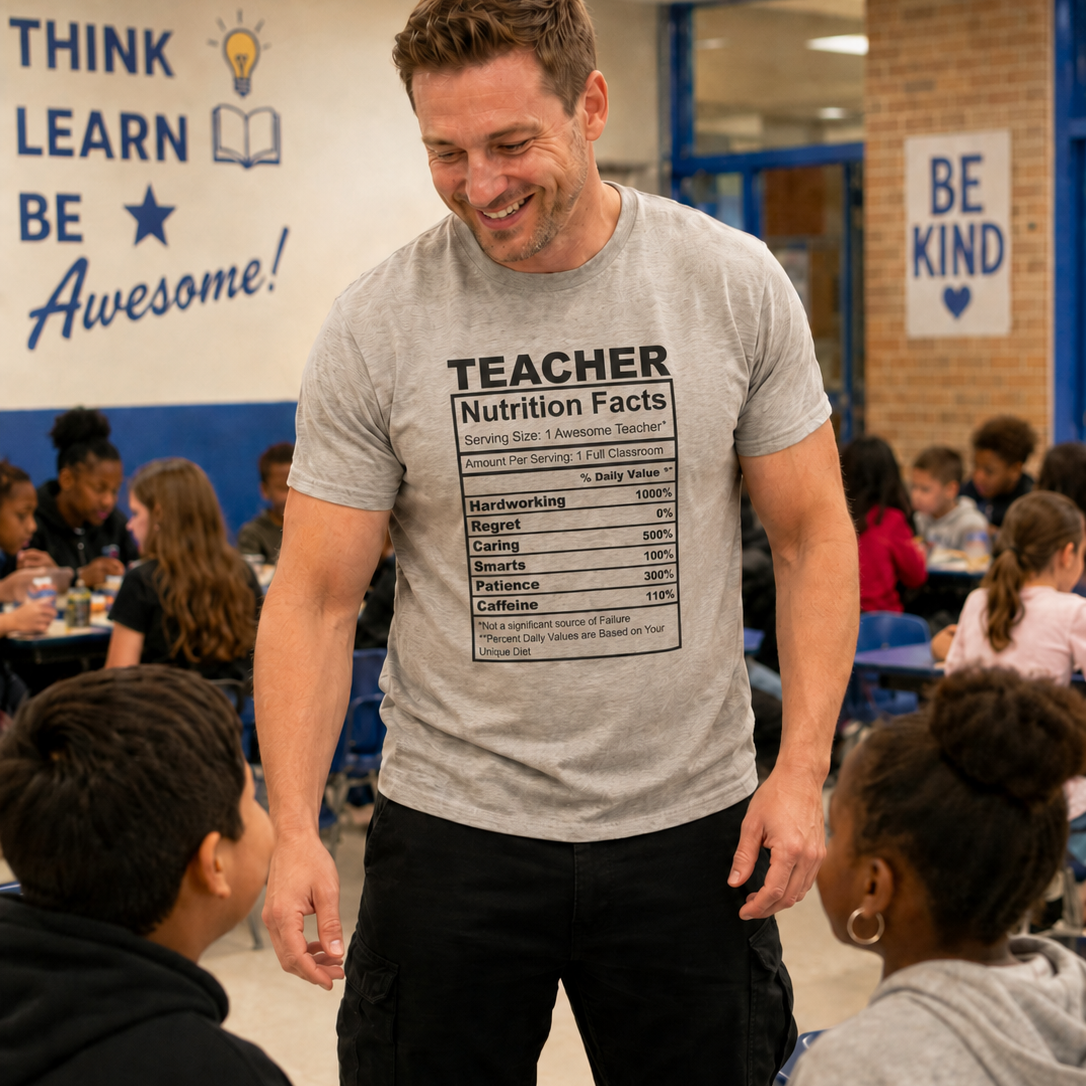A smiling man in a school cafeteria wearing a gray graphic t-shirt with a 'Teacher Nutrition Facts' label design, standing behind children seated at tables.
