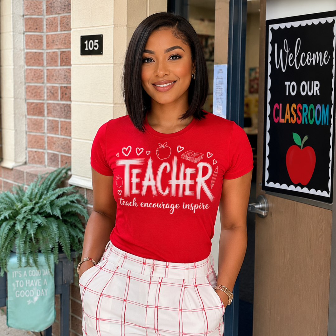 A woman wearing a red graphic t-shirt that says 'TEACHER teach encouragement inspire' with a white plaid skirt, standing in front of a school classroom door.