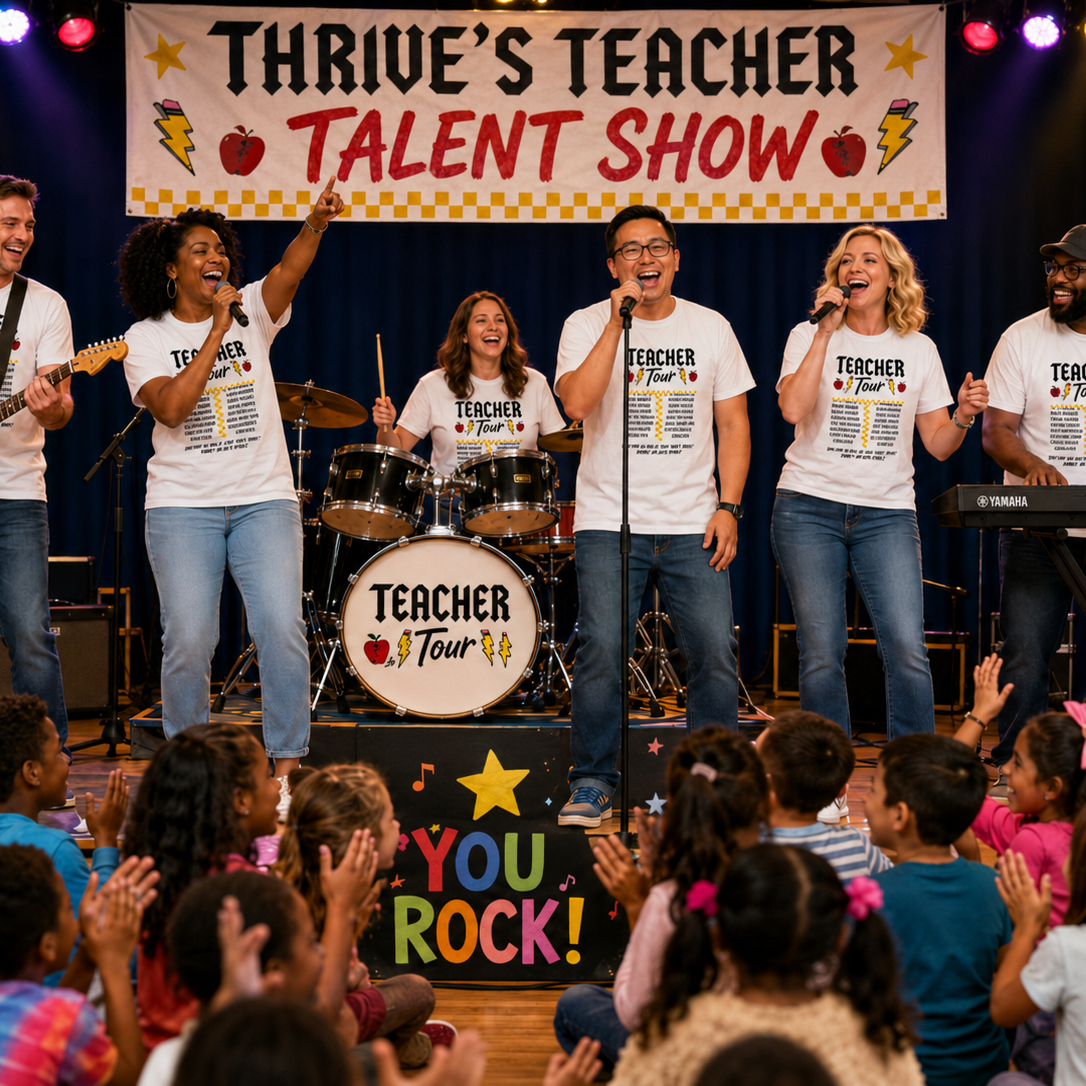 A group of five performers on a stage wearing matching white graphic T-shirts that read 'TEACHER by heart' and 'Teacher Tour' stands on a drum kit, with a large audience of children cheering in the foreground. A banner above them reads 'Thrive's Teacher Talent Show'.