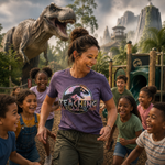 A woman in a purple Jurassic World Teaching Ranger t-shirt smiles while surrounded by children in a dinosaur-themed playground with a large T-rex and mountains in the background.