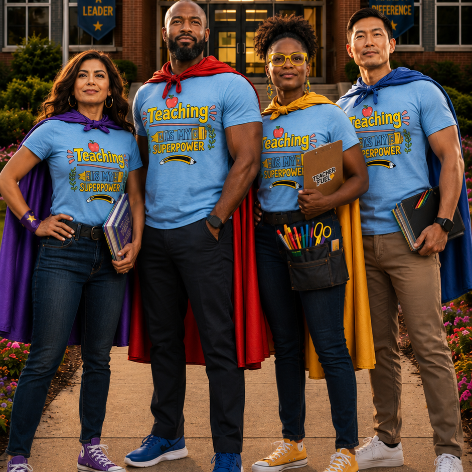 Four people standing outdoors in front of a brick school building at sunset, wearing matching light blue T-shirts with a yellow 'Teaching is Awesome' graphic and colorful superhero capes in purple, red, yellow, and blue.