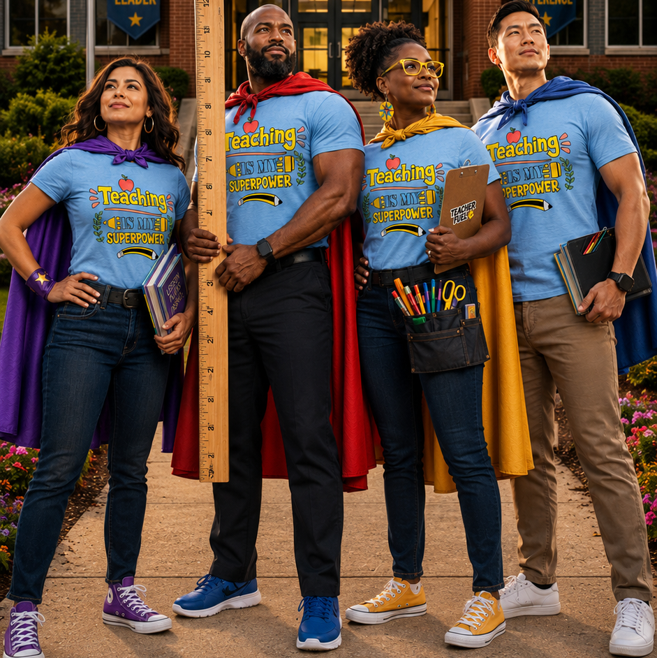 Four teachers wearing matching light blue 'Teaching the Future' t-shirts and colorful superhero capes stand in front of a school building at sunset. The sign above the entrance reads 'EDUCATING TODAY EMPOWERING TOMORROW'.