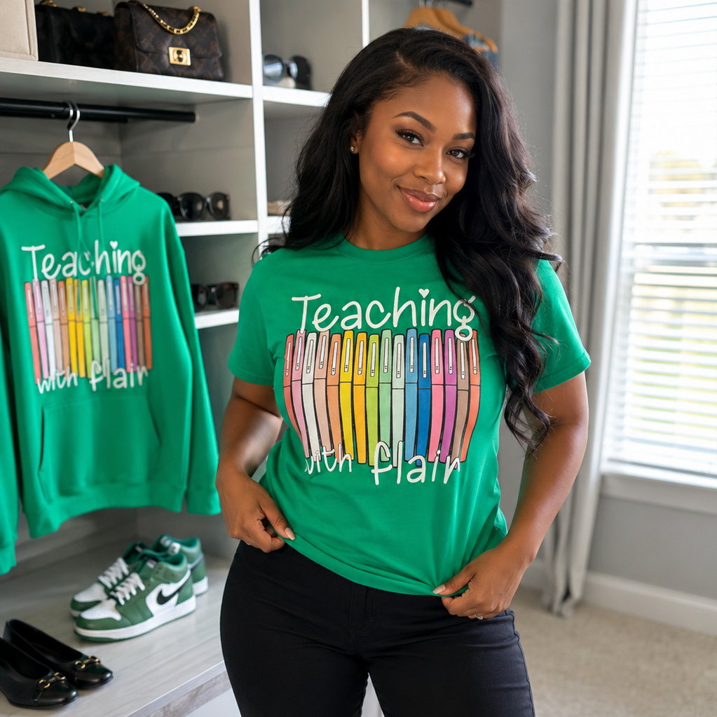 A woman modeling a bright green graphic t-shirt that reads 'Teaching with Plain' in white script over a rainbow-striped pencil design. She is wearing black pants in a modern, well-lit home office or closet setting with shelves and a window in the background.