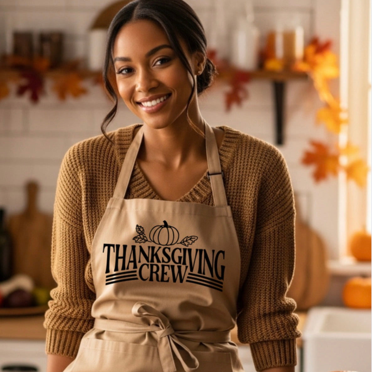 Woman wearing a 'Thanksgiving Crew' apron in a kitchen setting with fall decorations.
