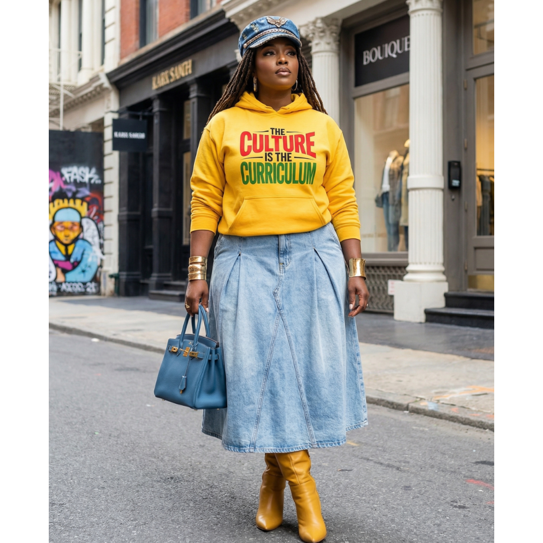 Woman wearing a yellow hoodie with text, blue skirt, and yellow boots on a city street.