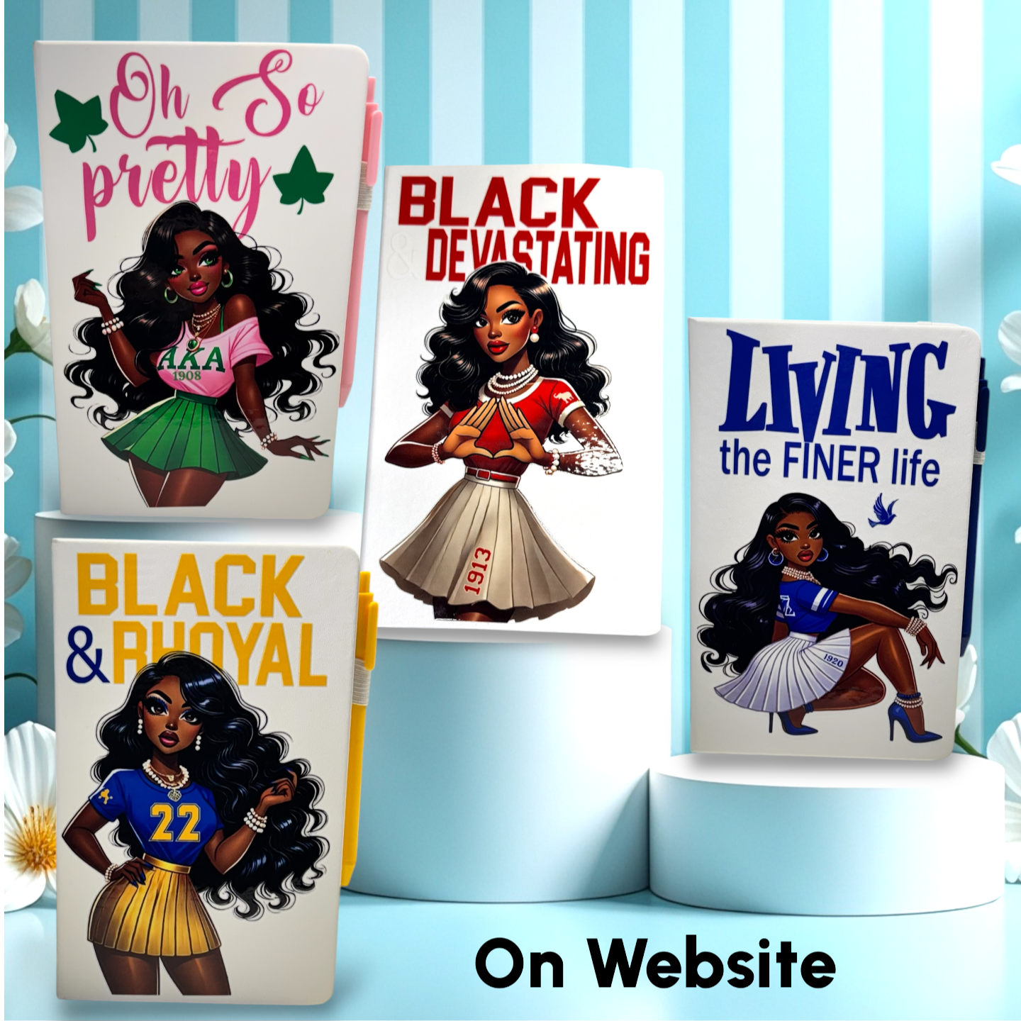Four journals with illustrated covers featuring women THE DEVINE NINE.