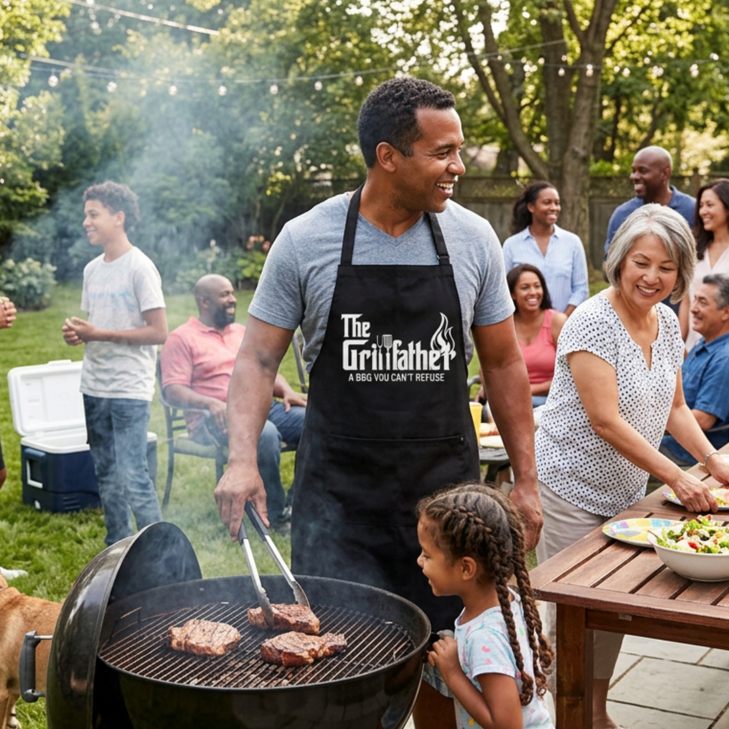 Man wearing a 'The Grillfather' apron grilling outdoors with a family in a backyard setting.