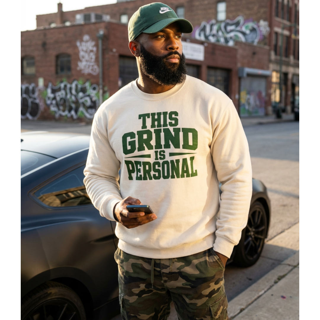 Man wearing a white sweatshirt with green text standing on a street.