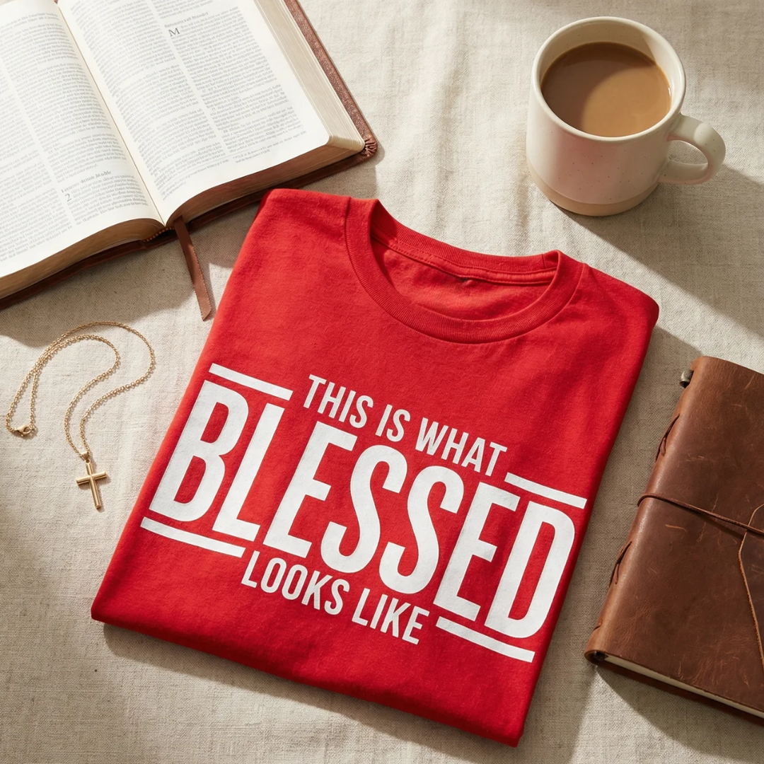 Folded red t-shirt with 'This is what blessed looks like' text on a table with a book and coffee cup.