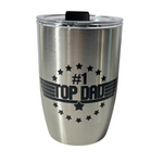Stainless steel tumbler with '#1 Top Dad' text and star designs on a white background