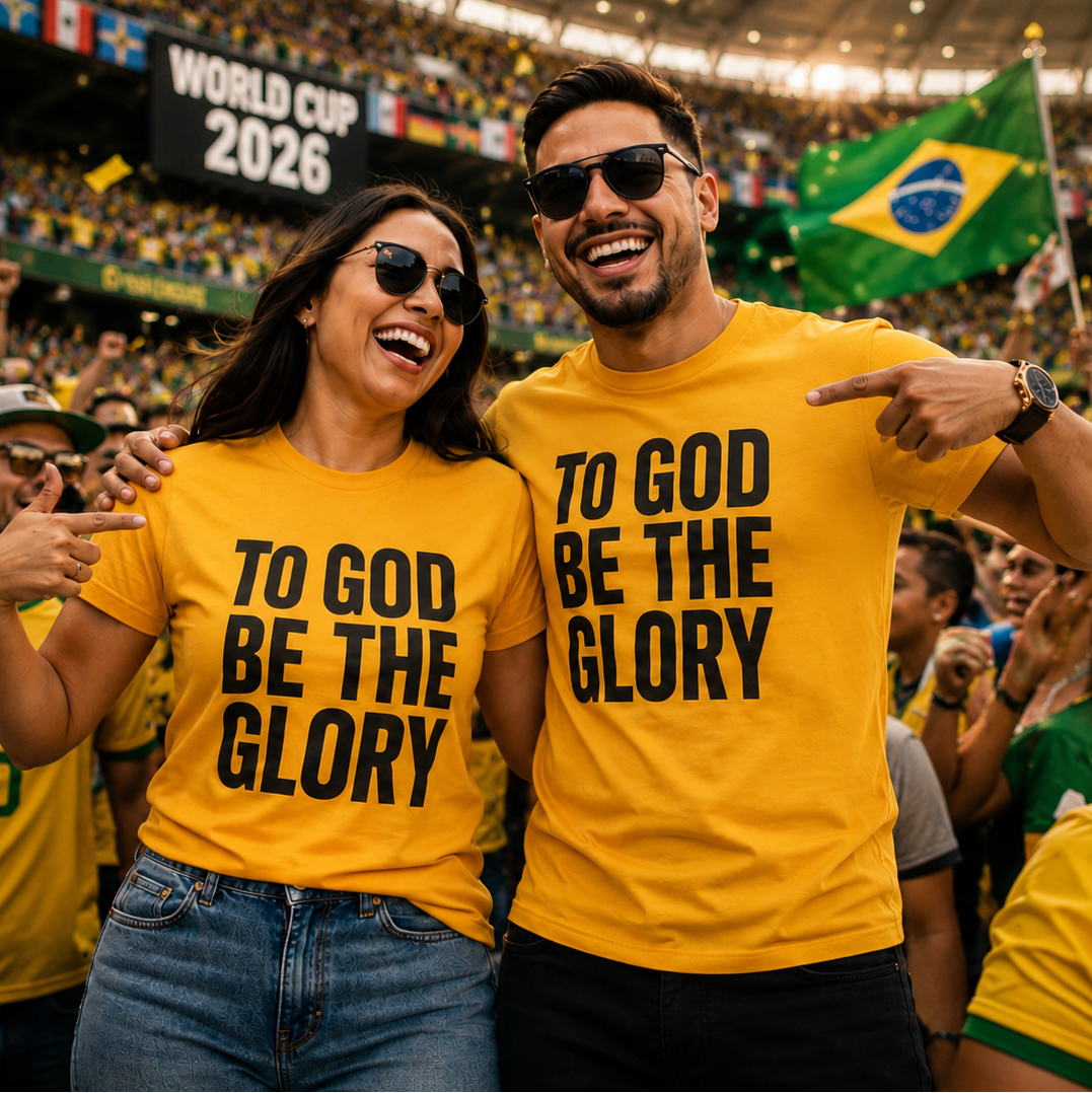 Two smiling fans in a crowded stadium wearing matching bright yellow T-shirts with the text 'TO GOD BE THE GLORY' in black. One fan holds a Brazilian flag, and a 'THRIVE T-Shirts Apparel' logo watermark is visible in the top left.