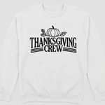 White sweatshirt with 'Thanksgiving Crew' text and pumpkin graphic on a white background