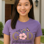 Young woman wearing a purple t-shirt with a motivational quote and floral design.