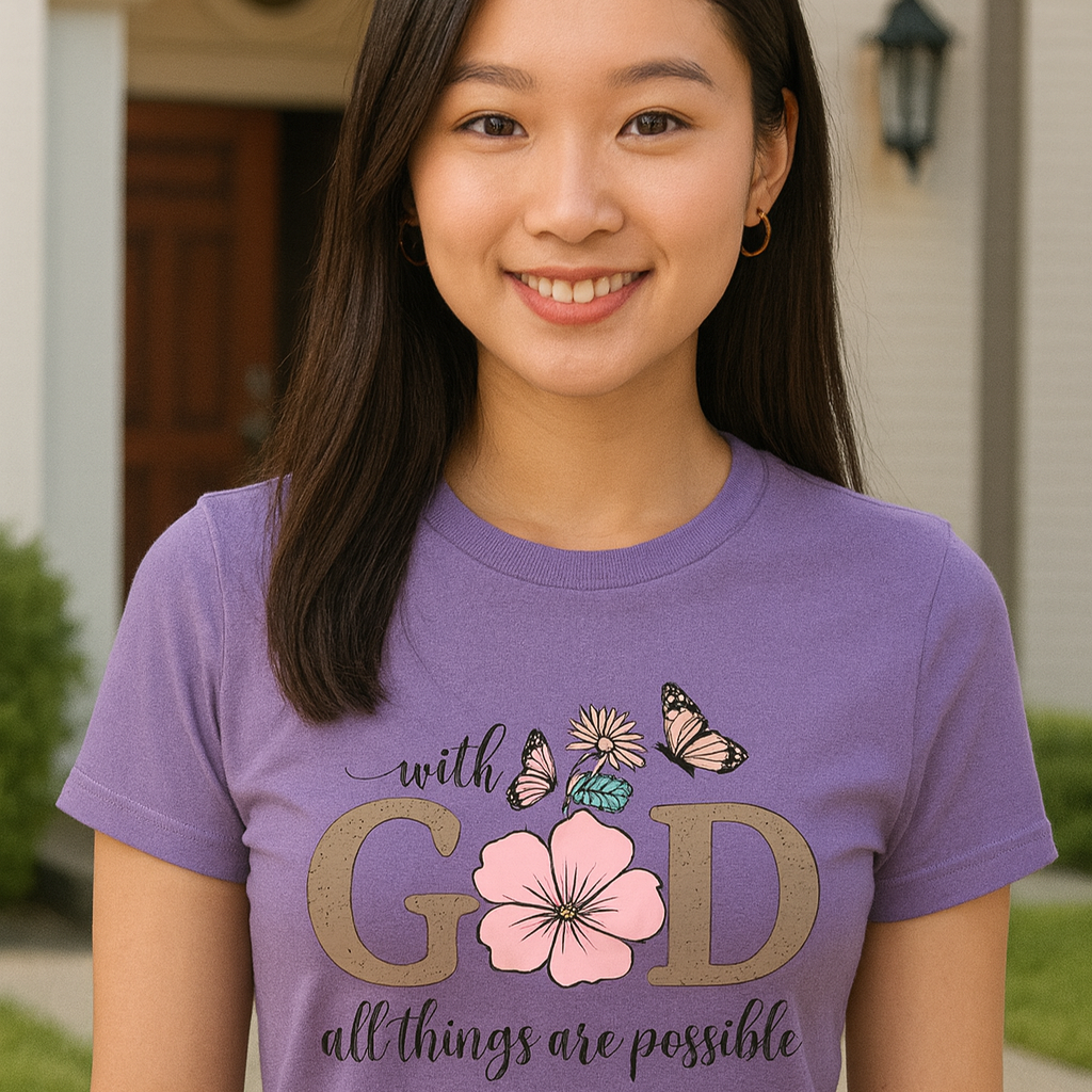 Young woman wearing a purple t-shirt with a motivational quote and floral design.