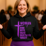 Woman wearing a black hoodie with purple text and graphics