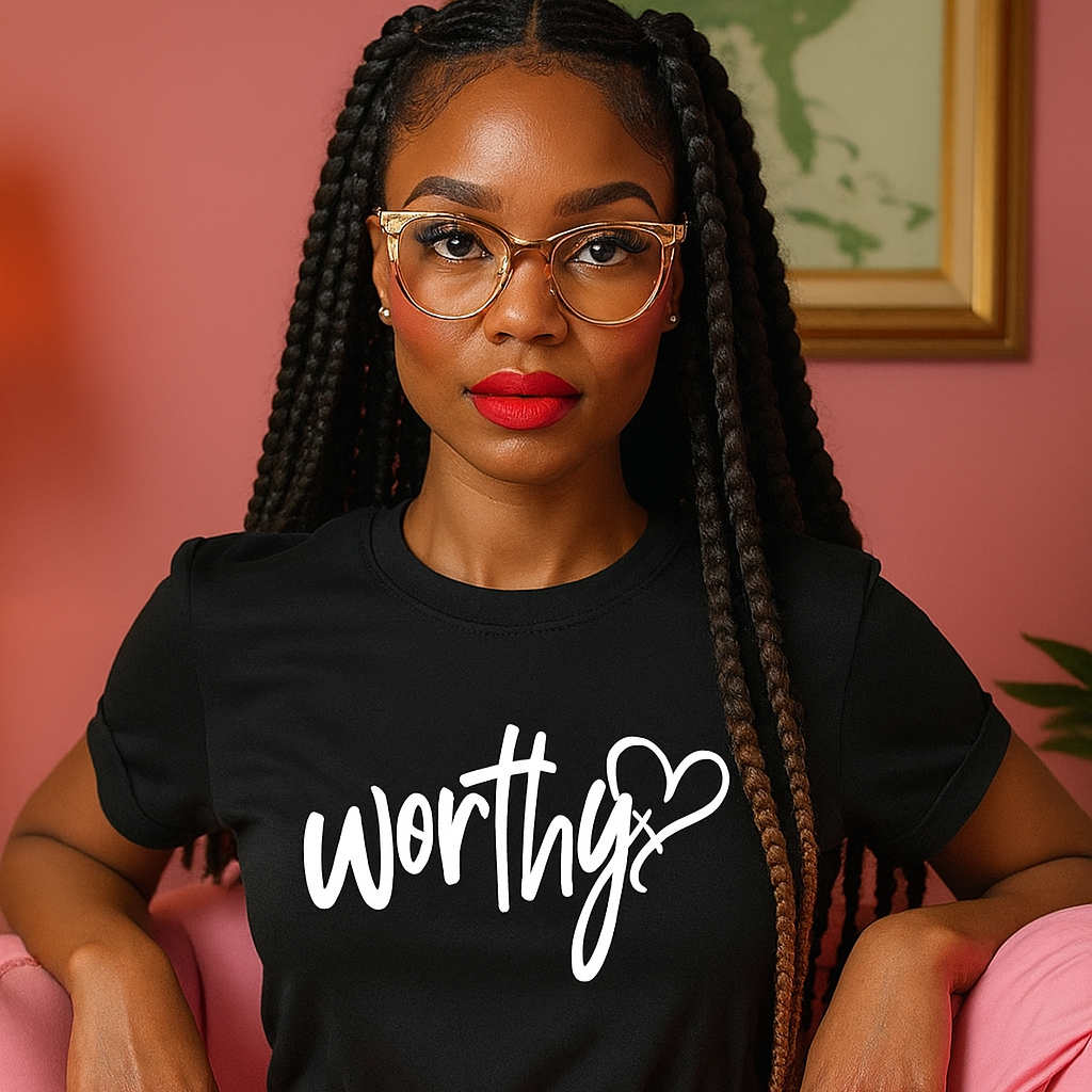 Woman wearing a black t-shirt with 'worthy' text, sitting on a pink chair against a pink wall.