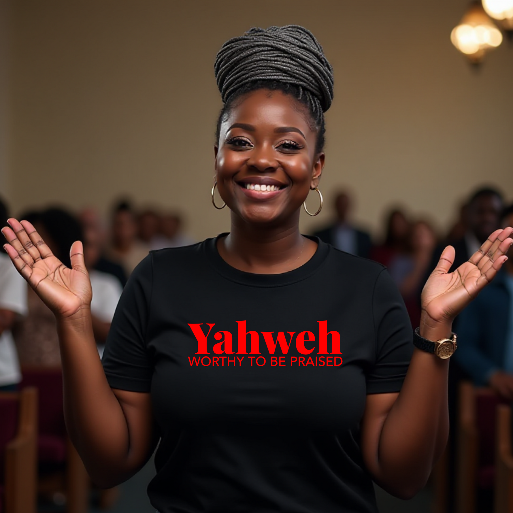 Woman wearing a black t-shirt with 'Yahweh Worthy to be Praised' in a church setting