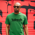 Man wearing a green t-shirt with 'Yahweh' text in front of a red and black graffiti wall.