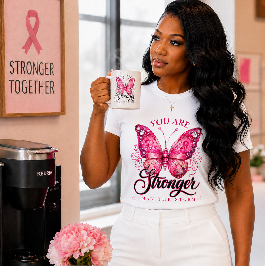 A woman stands in a kitchen-like setting holding a white mug with a pink butterfly graphic and the words 'You Are Stronger Than The Storm.' She wears a matching white T-shirt with a large pink butterfly print and the phrase 'YOU ARE Stronger THAN THE STORM,' paired with white pants.