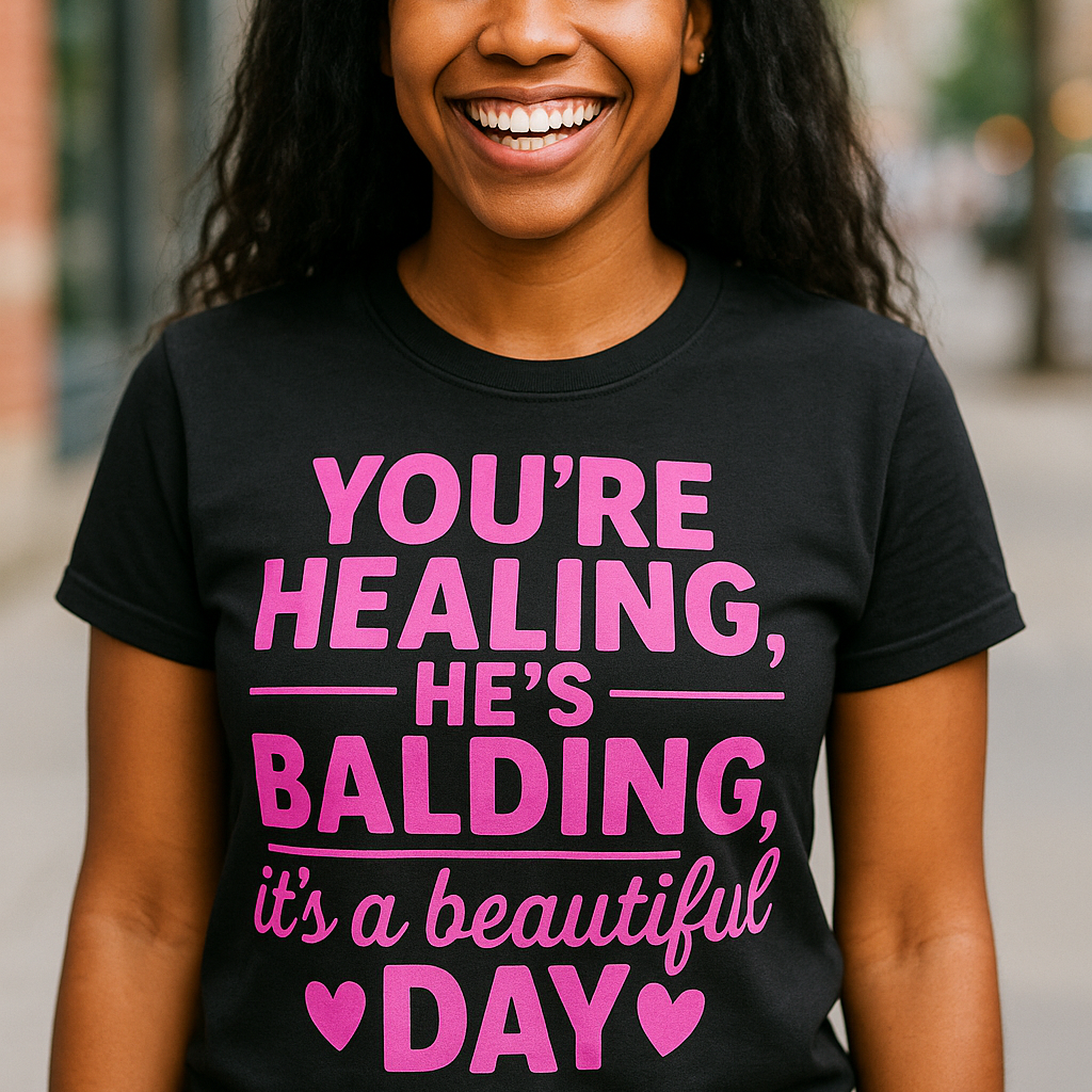 Person wearing a black t-shirt with pink text in an urban setting