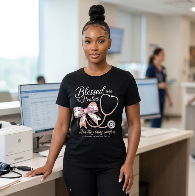 Person wearing a black t-shirt with a graphic design in a medical office setting