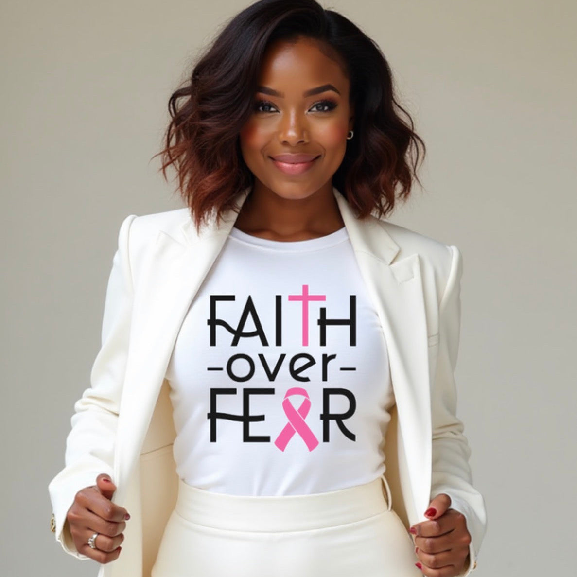 Woman wearing a white t-shirt with 'Faith over Fear' and a pink ribbon design.