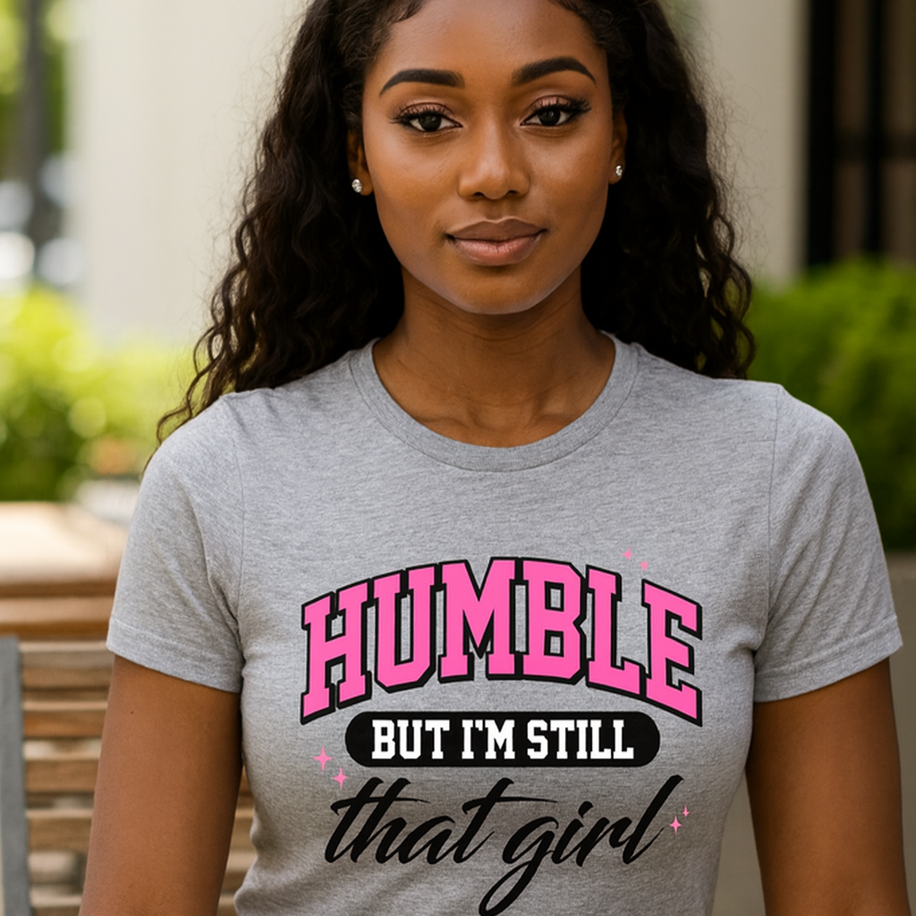 Woman wearing a gray t-shirt with 'Humble but I'm still that girl' text.