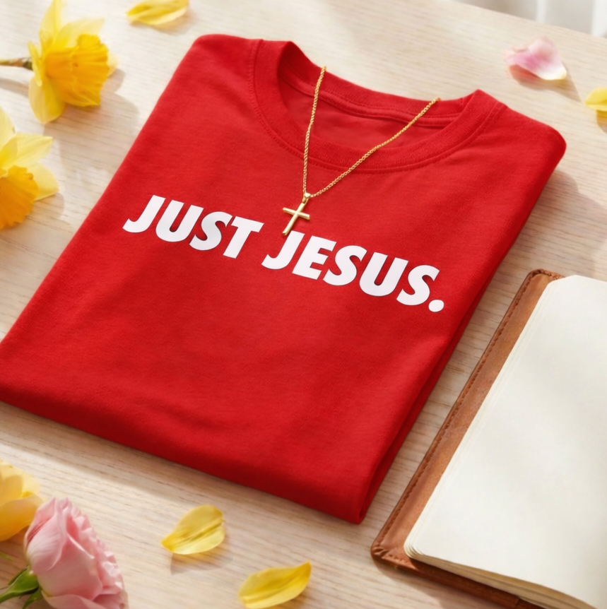 Red t-shirt with 'JUST JESUS.' text on a wooden surface with flowers and a notebook.