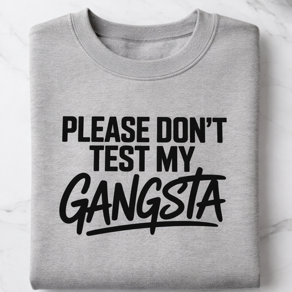 Gray sweatshirt with text 'Please don't test my gangsta' on a white surface.