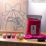 Artistic setup with canvas, paint, brushes, apron, easel, and gloves on a pink background with Thrive Limited Edition branding.