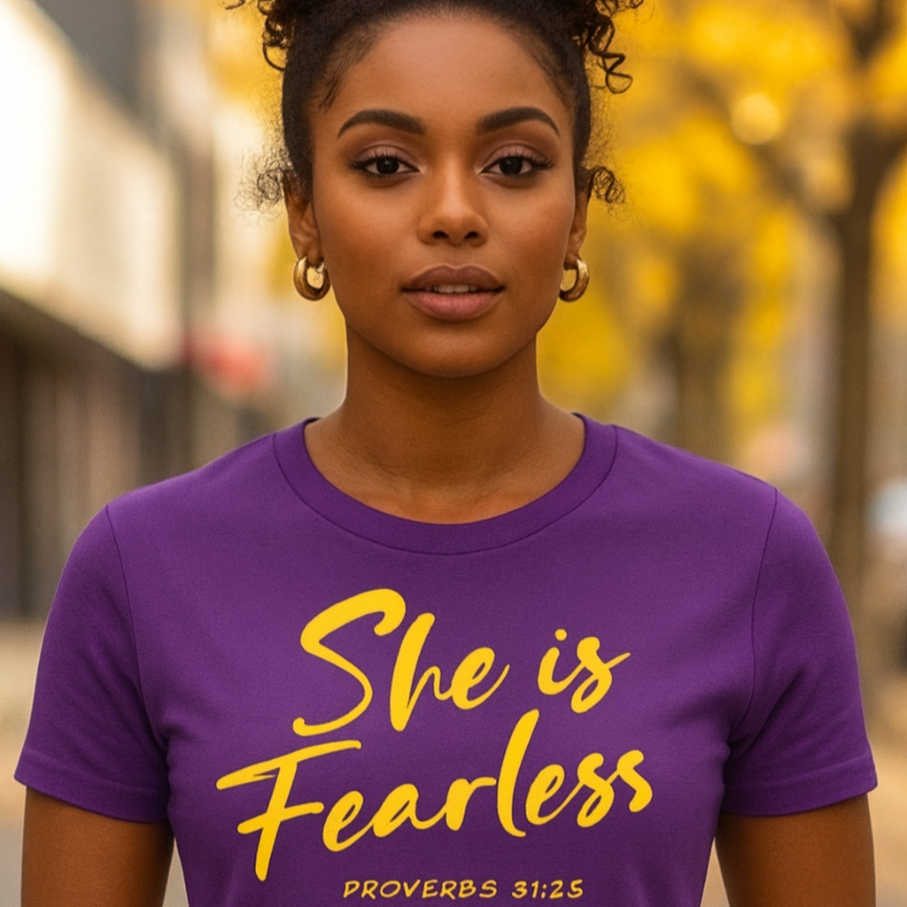 Woman wearing a purple t-shirt with 'She is Fearless' text in yellow, standing outdoors with blurred trees in the background.