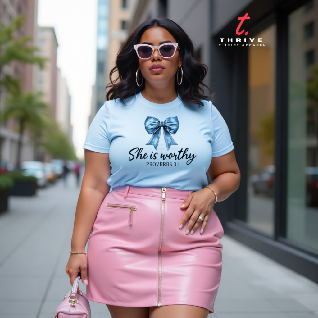 Woman wearing a light blue t-shirt with a design and text, standing on a city street.