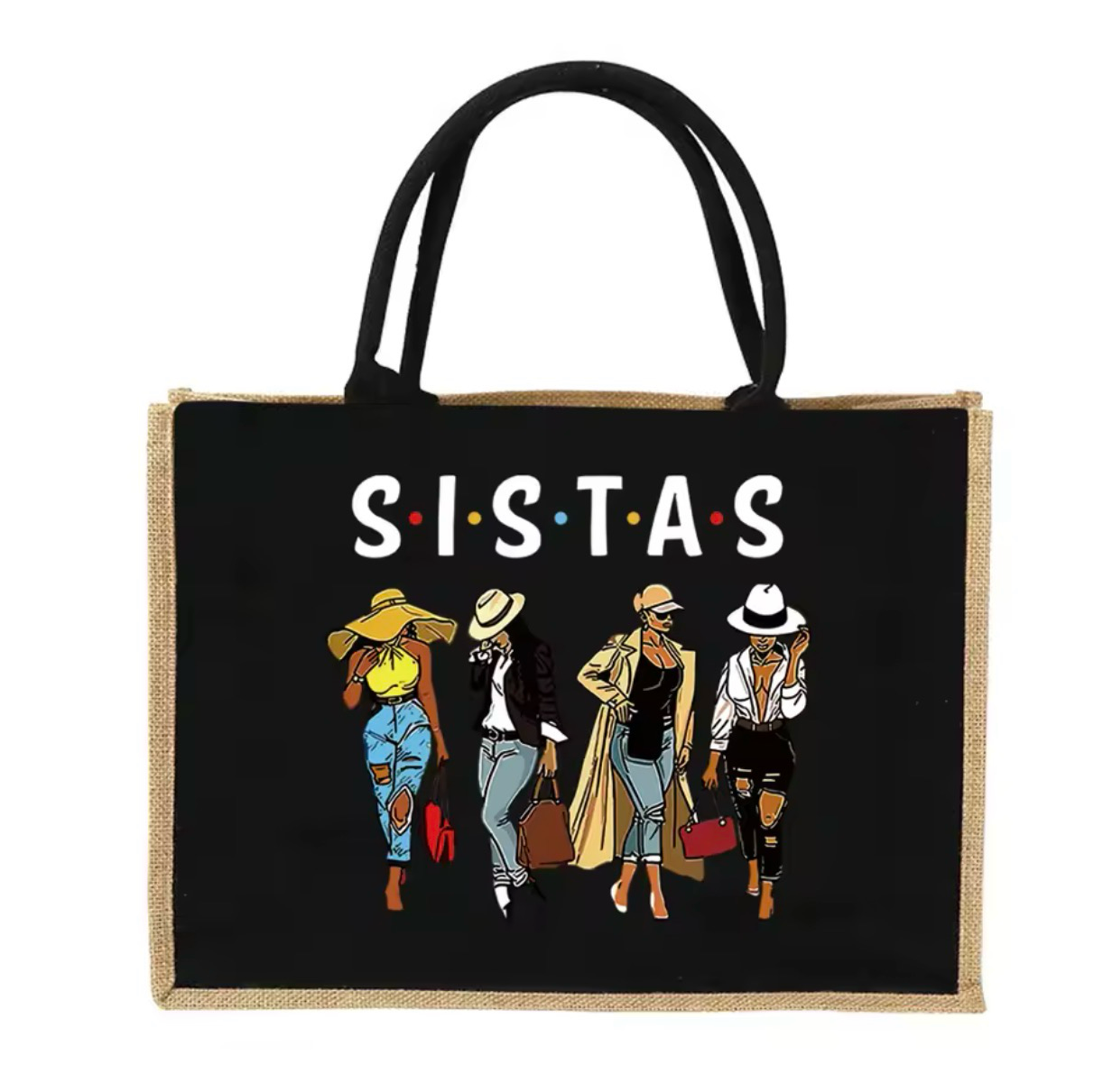 Black tote bag with 'SISTAS' text and illustrations of five women on a white background