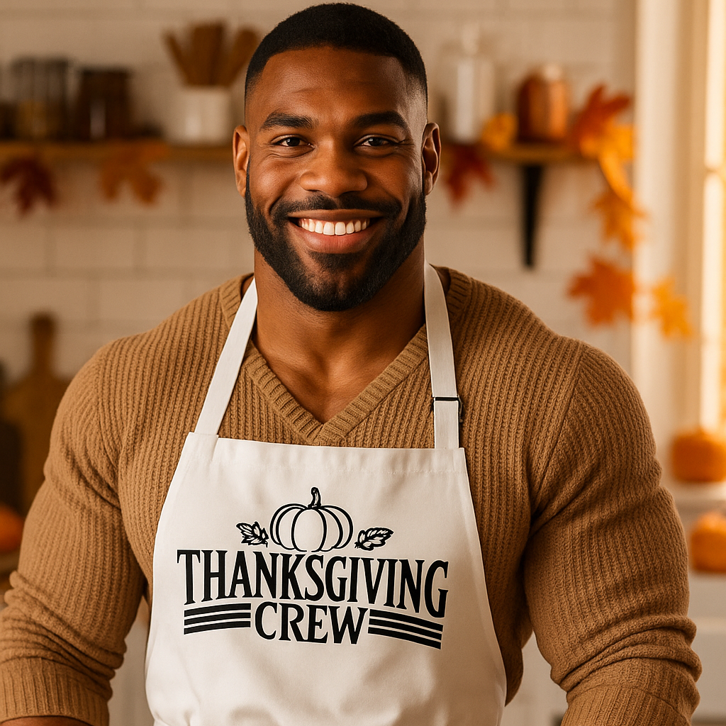Man wearing a 'Thanksgiving Crew' apron in a kitchen setting.