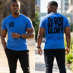 Two men wearing blue t-shirts with text, one facing forward and one facing backward.