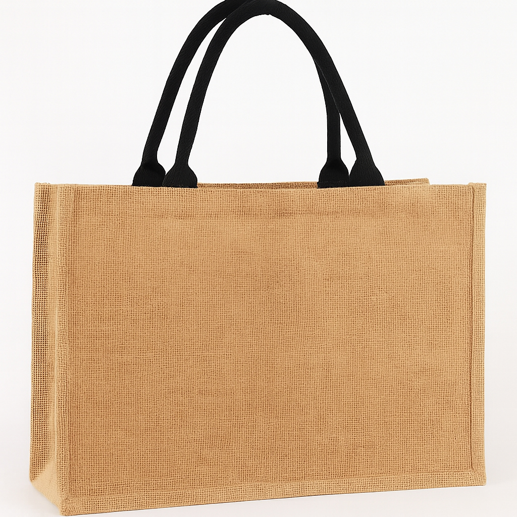 Beige jute bag with black handles on a white background